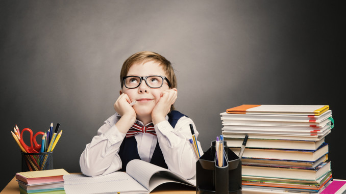 School Child Boy In Glasses Think In Classroom, Kid Primary Stud